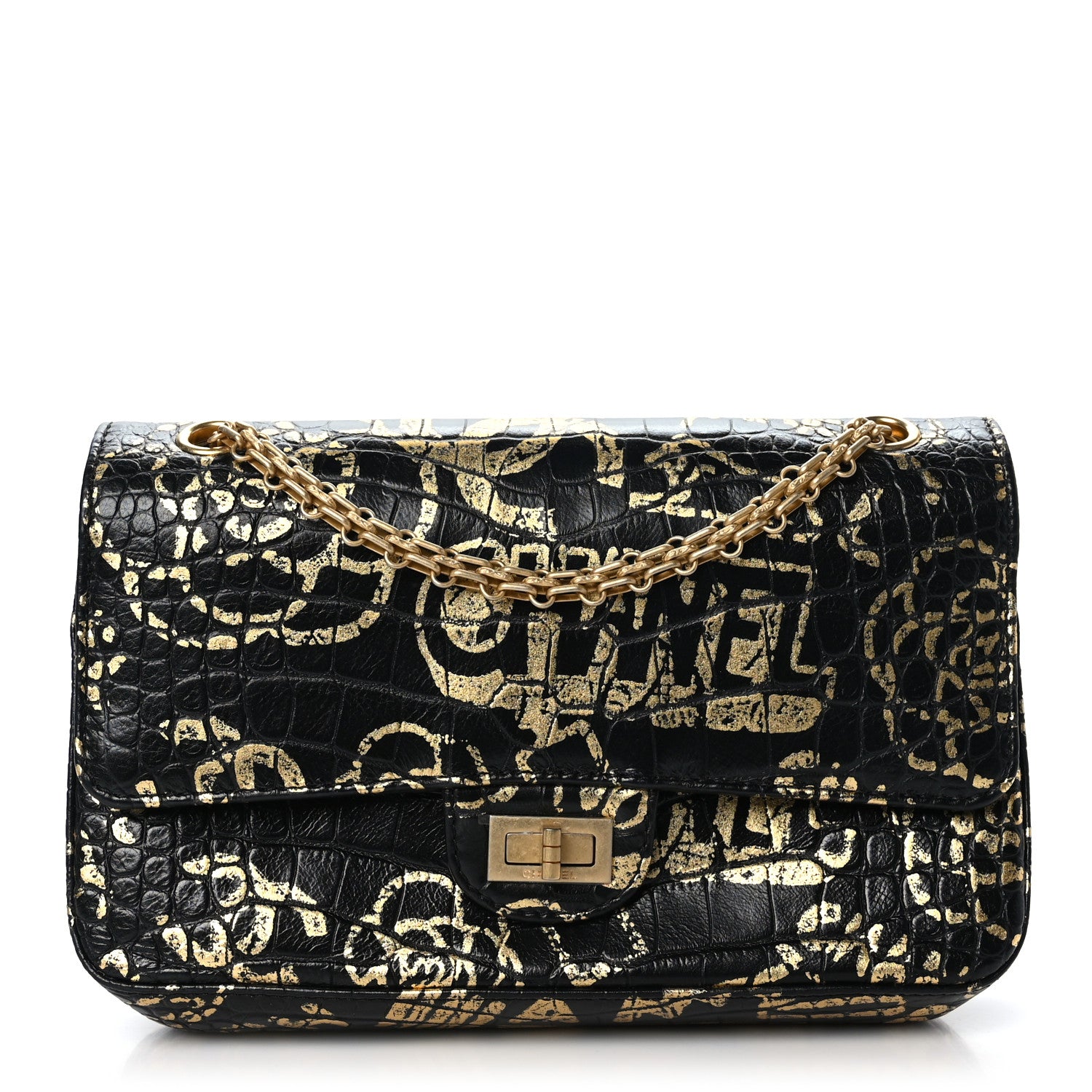 Chanel Calfskin Crocodile Embossed Graffiti 2.55 Cocodile Reissue 225 Flap Black Gold 1 of 9