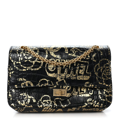 Chanel Calfskin Crocodile Embossed Graffiti 2.55 Cocodile Reissue 225 Flap Black Gold 1 of 9