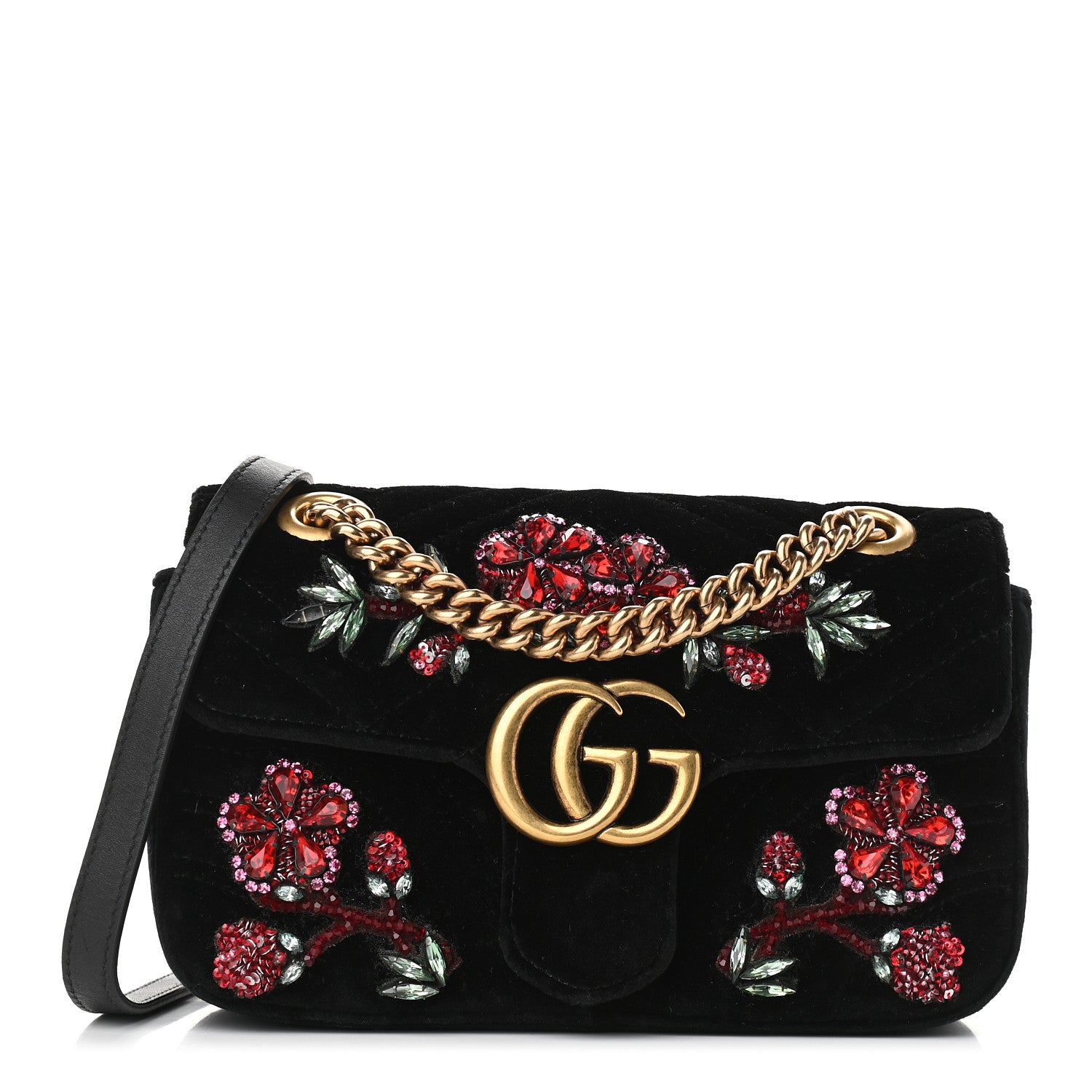 Gucci Velvet Matelasse Embroidered Mini GG Marmont Shoulder Bag Black 1 of 8