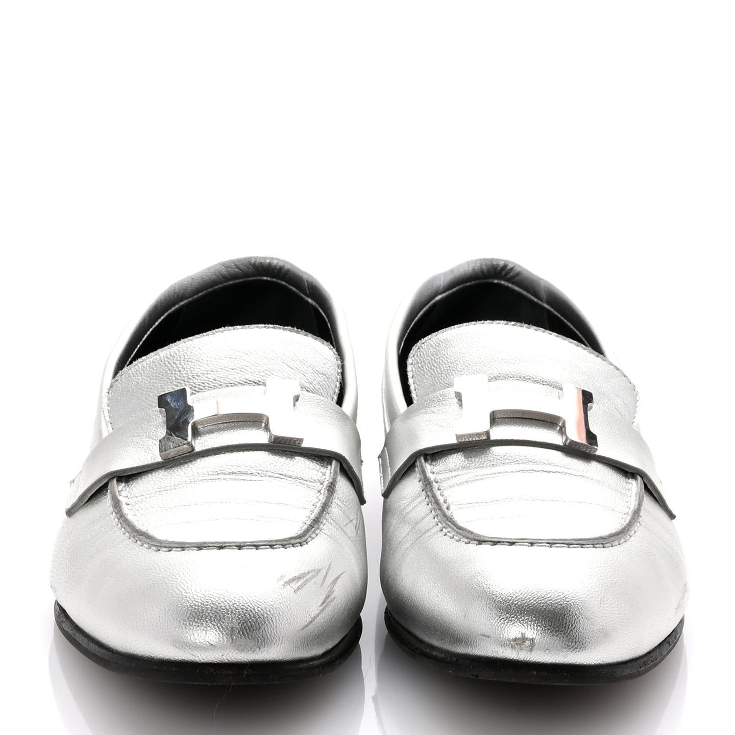Hermes Metallic Calfskin Womens Paris Loafers 37 Silver 3 of 10