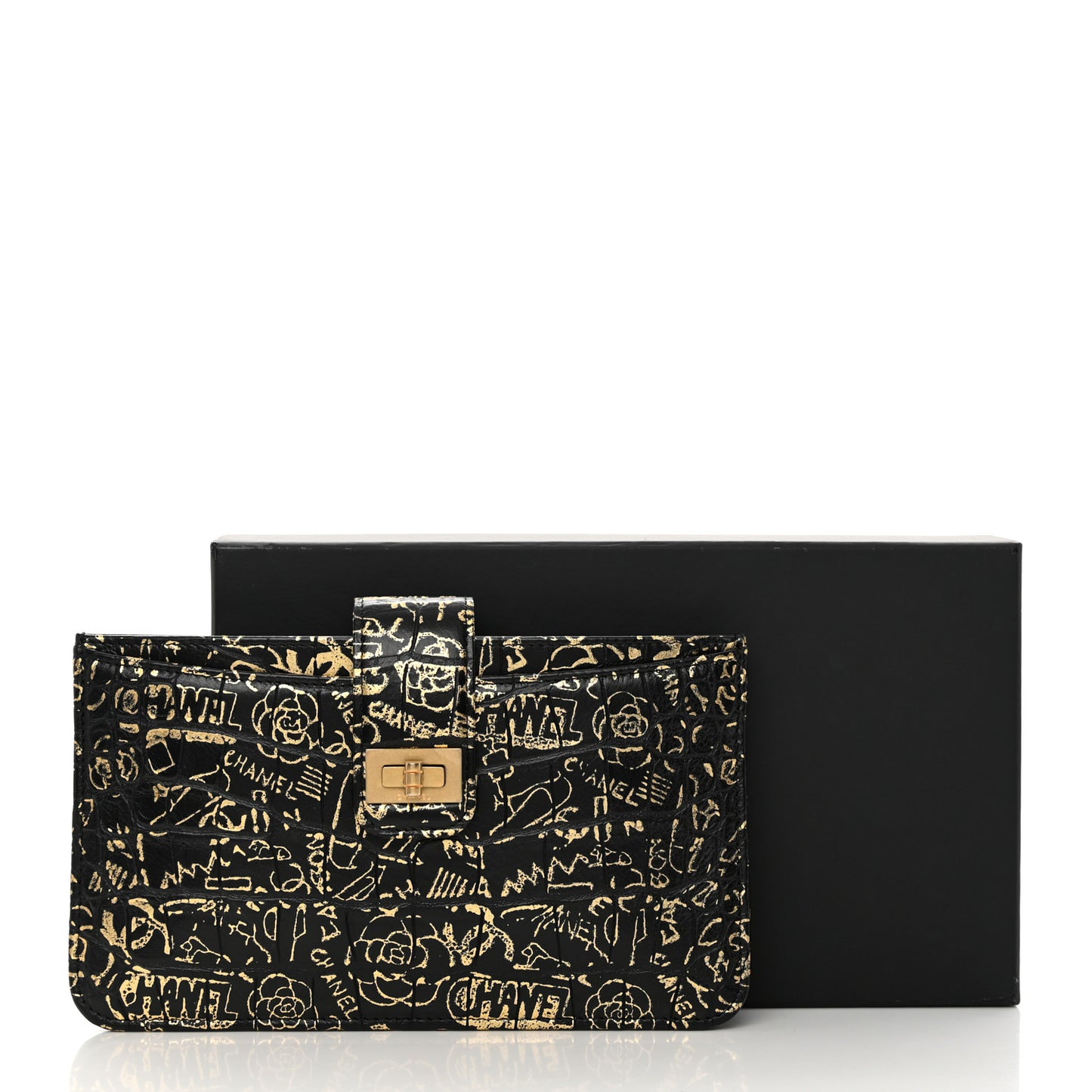 Calfskin Crocodile Embossed Graffiti 2.55 Cocodile Reissue Strap Pouch Black Gold