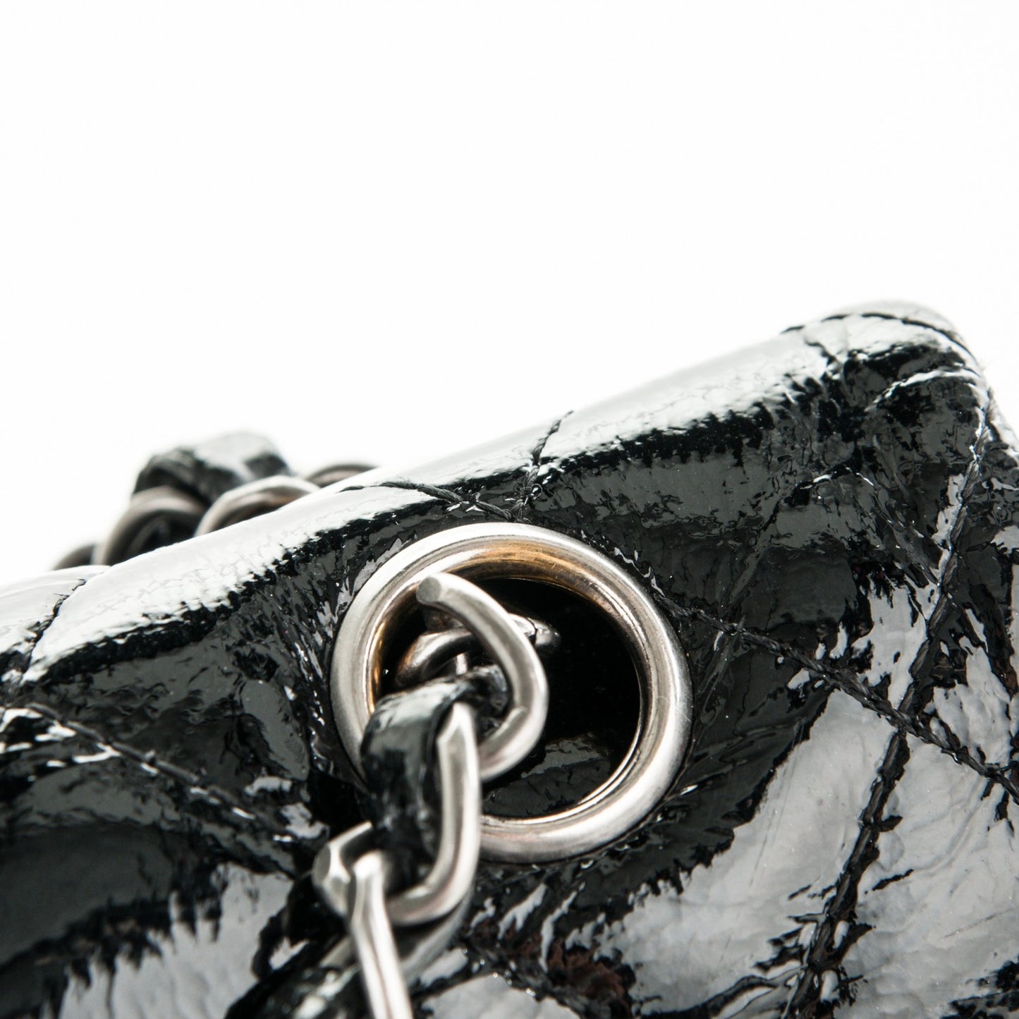Distressed Patent Quilted Medium Double Flap Black