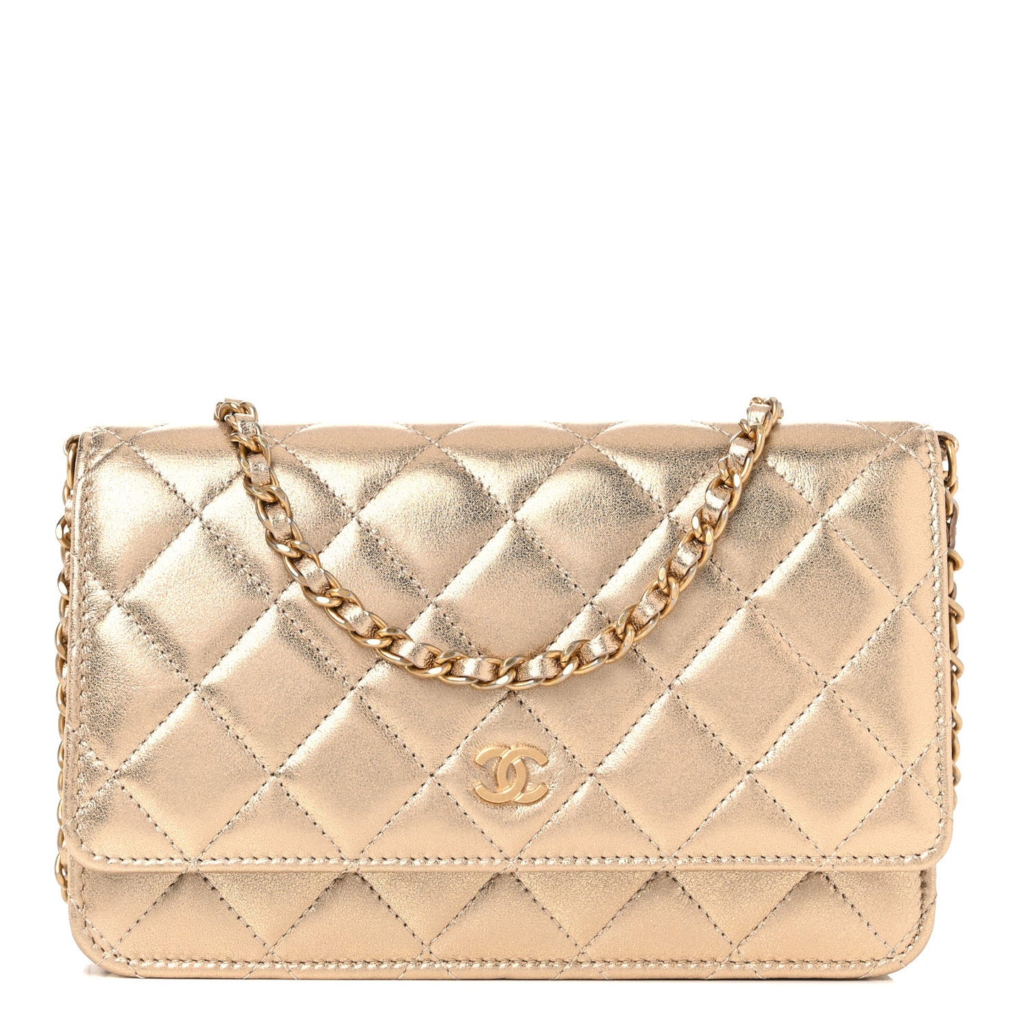 Metallic Lambskin Quilted Wallet On Chain WOC Gold