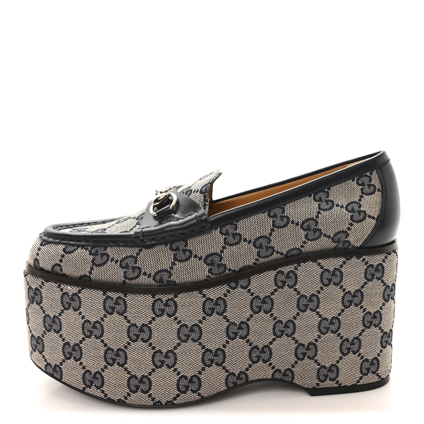 Canvas GG Monogram Horsebit Calfskin Womens Horsebit Platform Loafers 37 Beige Blue