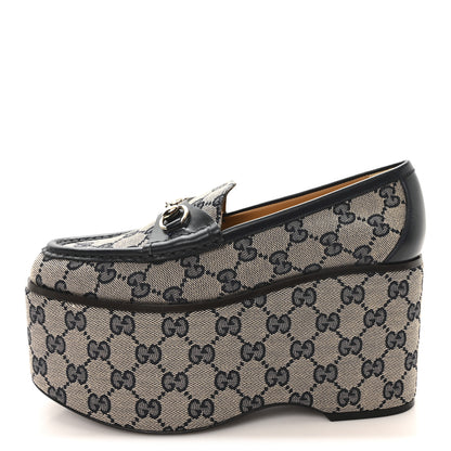 Gucci Canvas GG Monogram Horsebit Calfskin Womens Horsebit Platform Loafers 37 Beige Blue 1 of 10