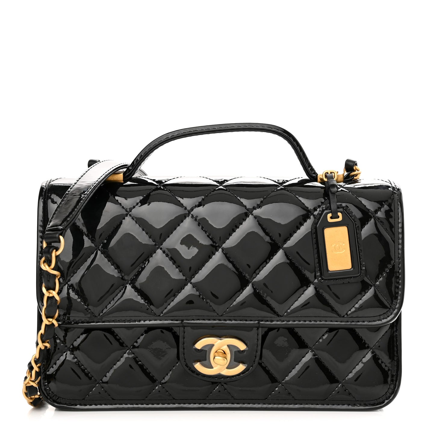 Patent Quilted Small School Memory Top Handle Flap Black