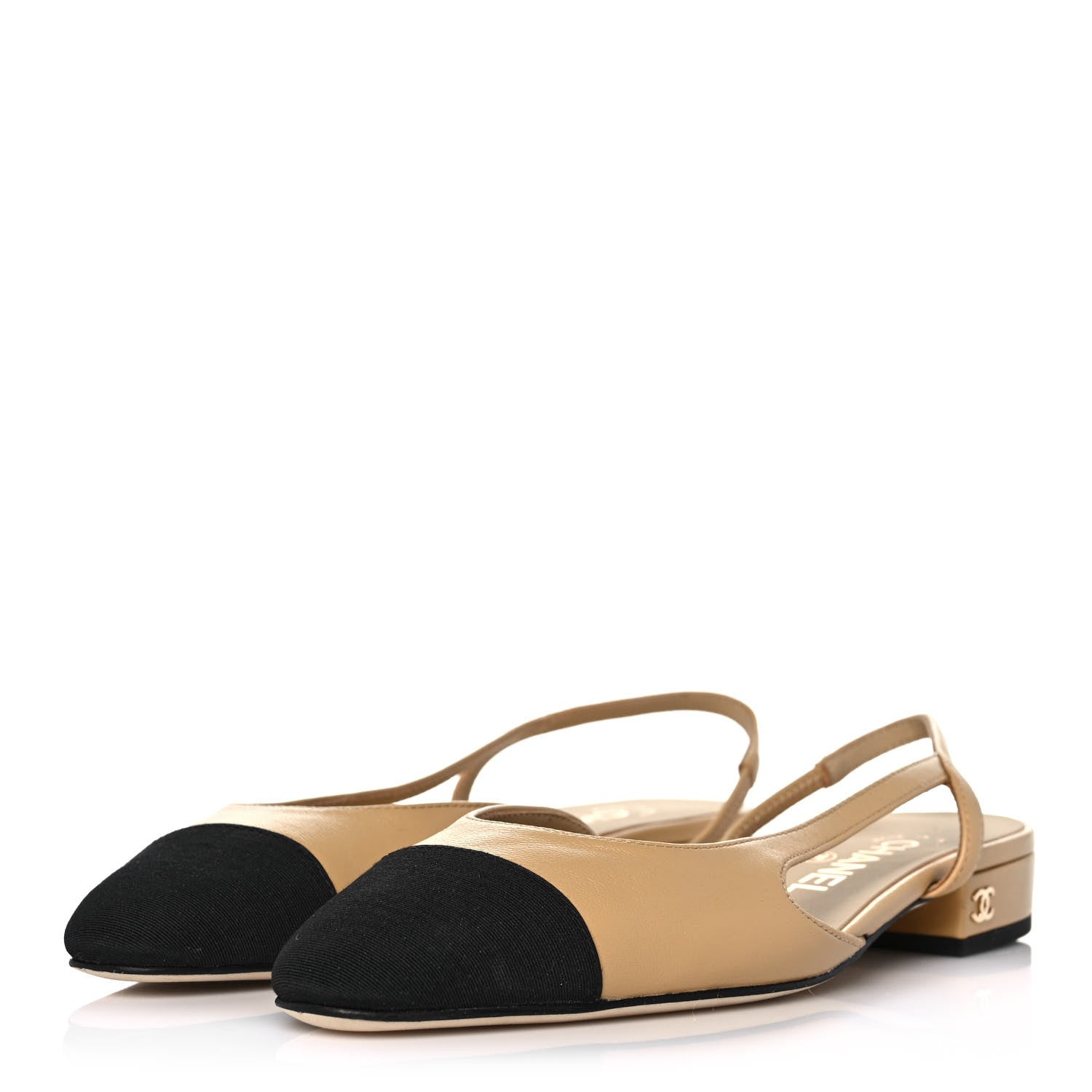 Chanel Lambskin Grosgrain Cap Toe CC Slingback Sandals 37.5 Beige Black 3 of 11