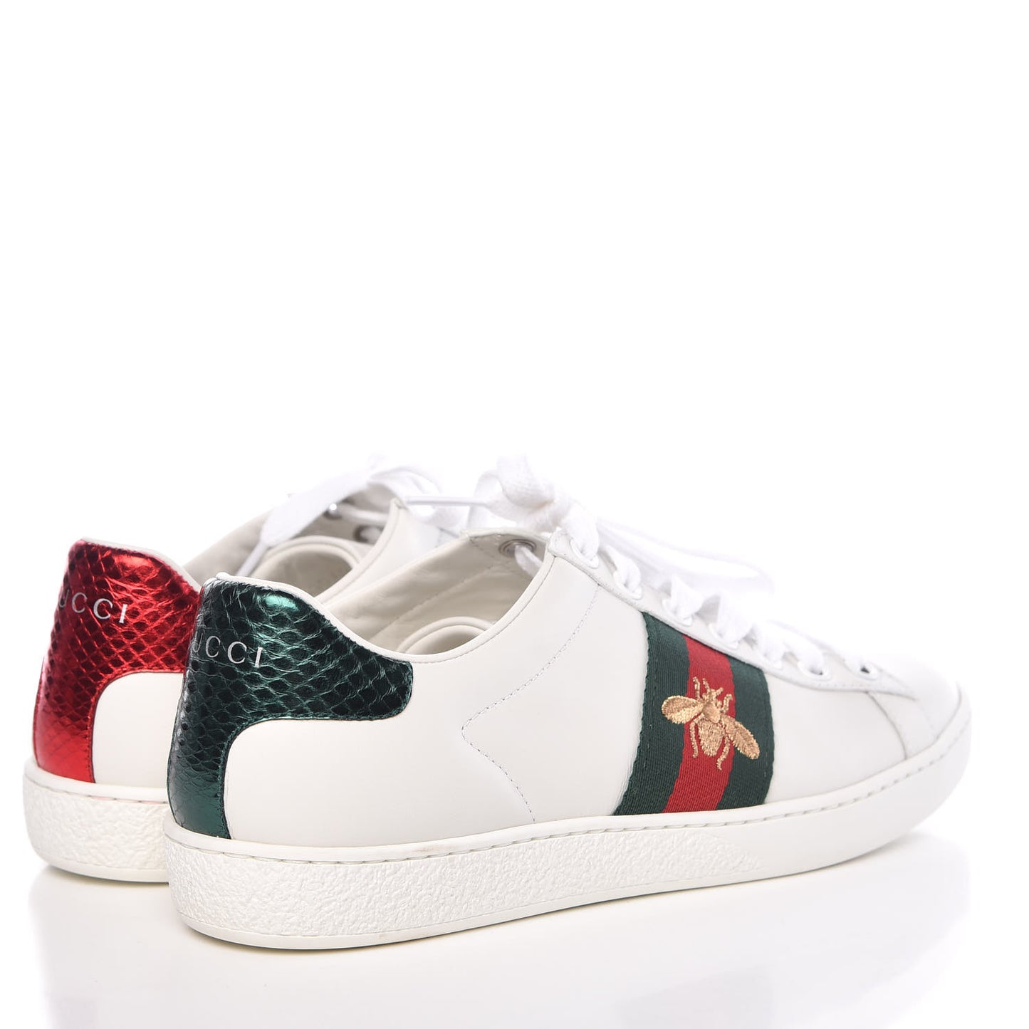 Calfskin Ayers Bee Embroidered Womens Ace Sneakers 36 White Green