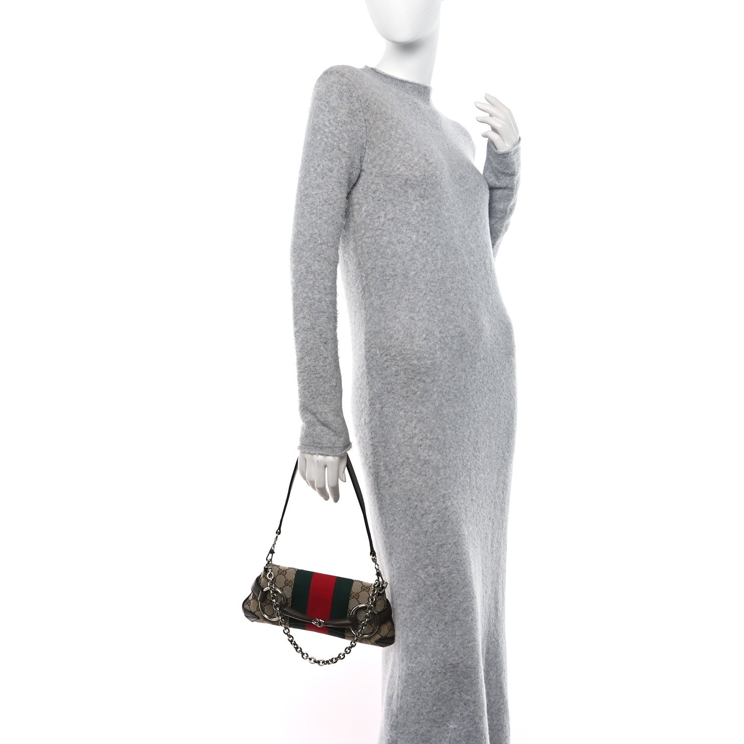 Gucci Monogram Textured Dollar Calfskin Heavy Grosgrain Web Small Maxi Horsebit Chain Shoulder Bag Beige Ebony New Acero 2 of 10