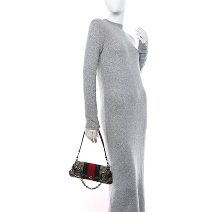 Gucci Monogram Textured Dollar Calfskin Heavy Grosgrain Web Small Maxi Horsebit Chain Shoulder Bag Beige Ebony New Acero 2 of 10