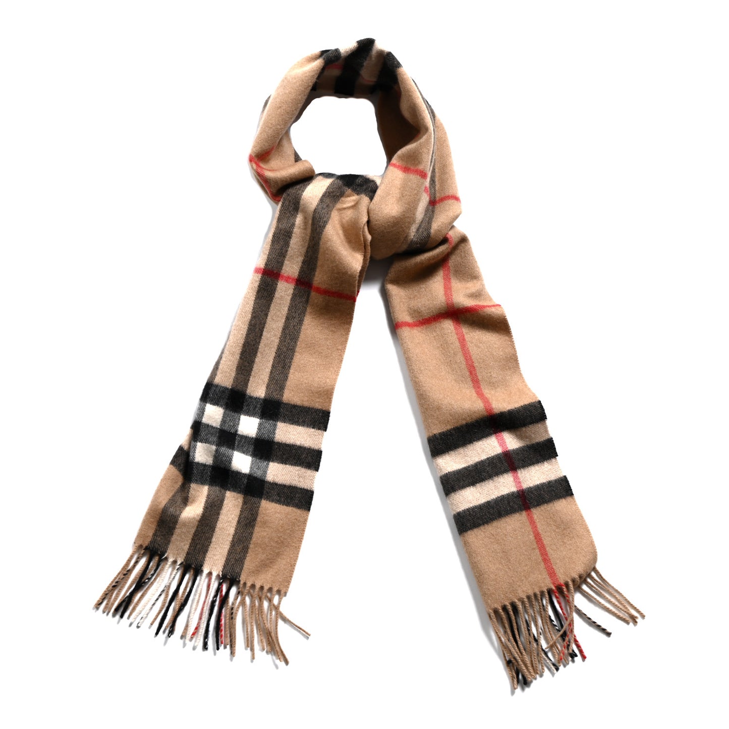 Cashmere Giant Heritage Check Fringe Scarf Camel