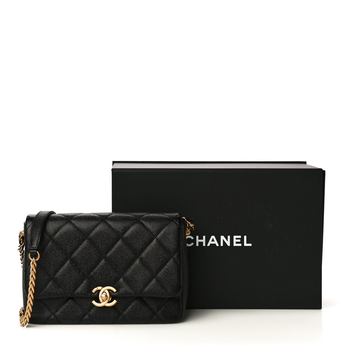 Shiny Caviar Quilted Small Chain Melody Flap Black