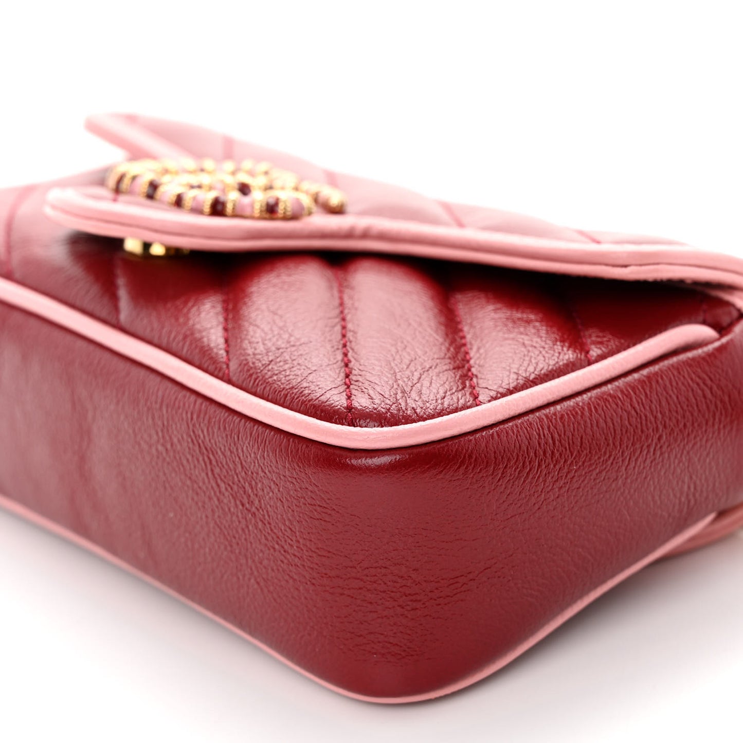 Azalea Calfskin Enamel Matelasse Diagonal Super Mini Torchon GG Marmont Shoulder Bag New Cherry Red Wild Rose