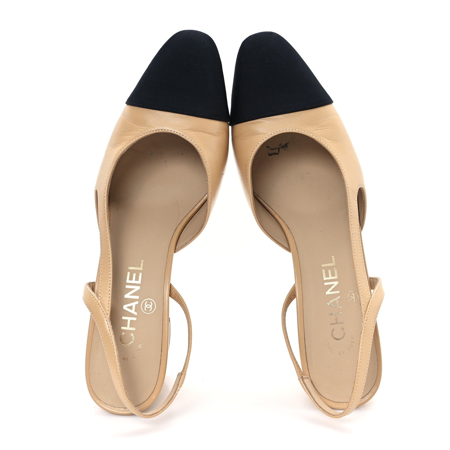 Chanel Goatskin Grosgrain Cap Toe CC Slingback Pumps 38 Beige Black 2 of 11