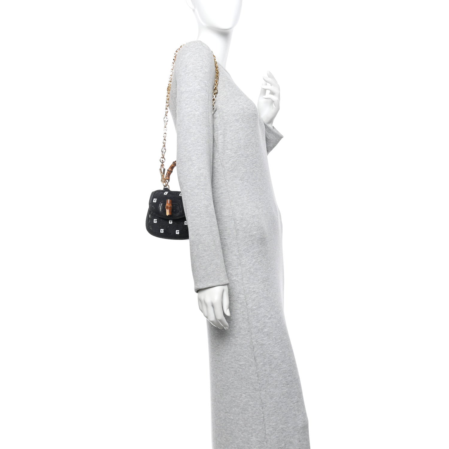 Gucci Sequin Lizard Embossed GG Mini Bamboo 1947 Top Handle Chain Bag Black White 2 of 10