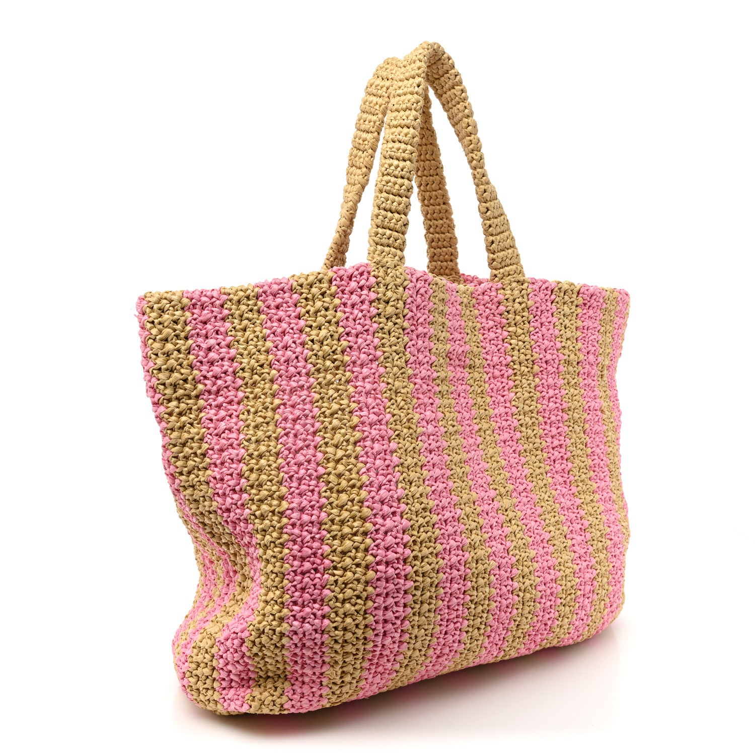 Prada Yarn Raffia Effect Crochet Striped Large Logo Tote Naturale Petalo 3 of 9