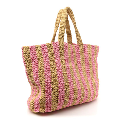 Prada Yarn Raffia Effect Crochet Striped Large Logo Tote Naturale Petalo 3 of 9