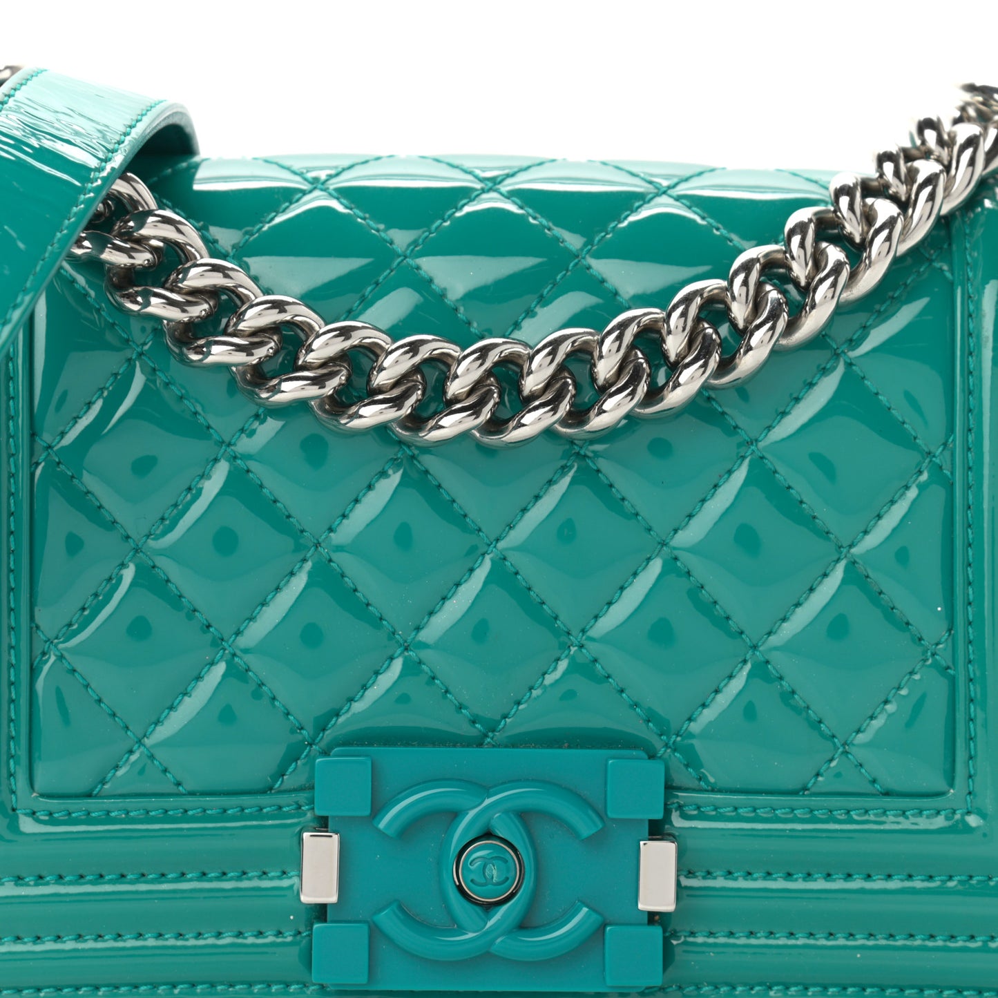 Patent Calfskin Quilted Small Plexiglass Boy Flap Turquoise