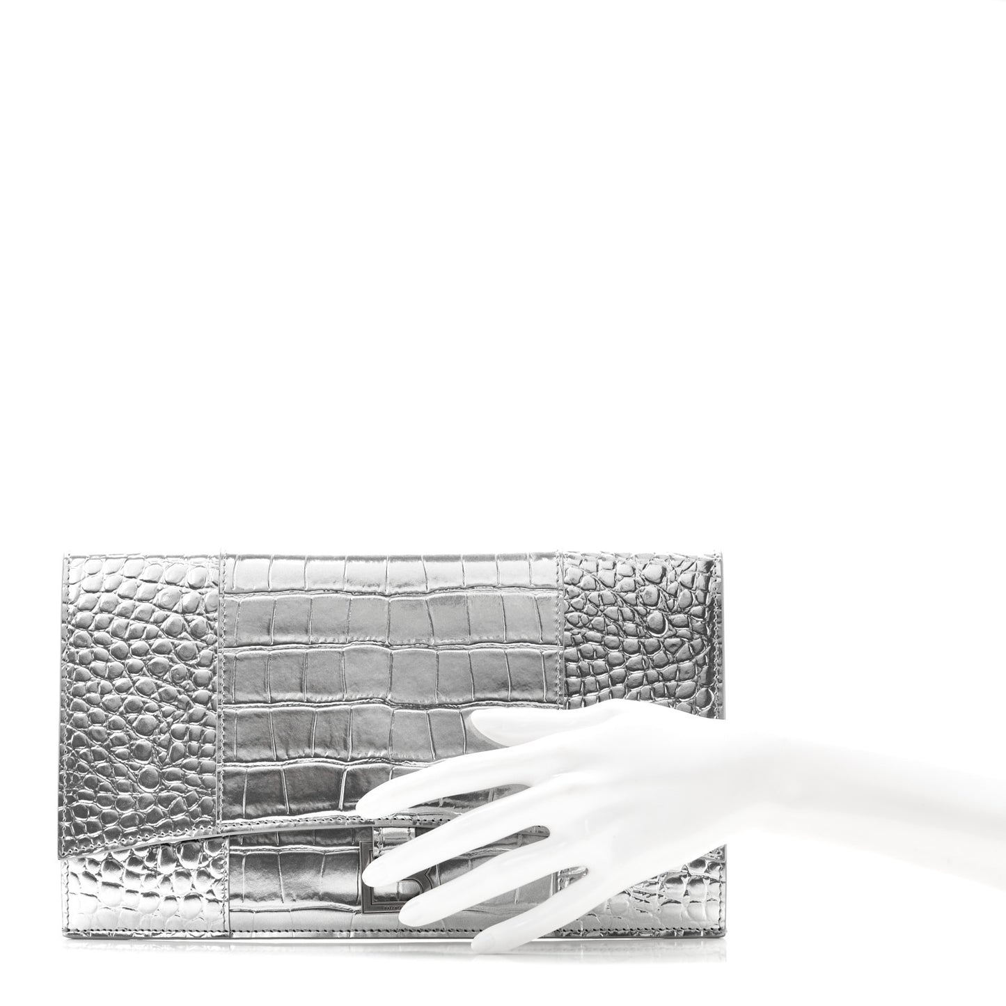 Metallic Calfskin Crocodile Embossed Hourglass Flap Flat Pouch Silver