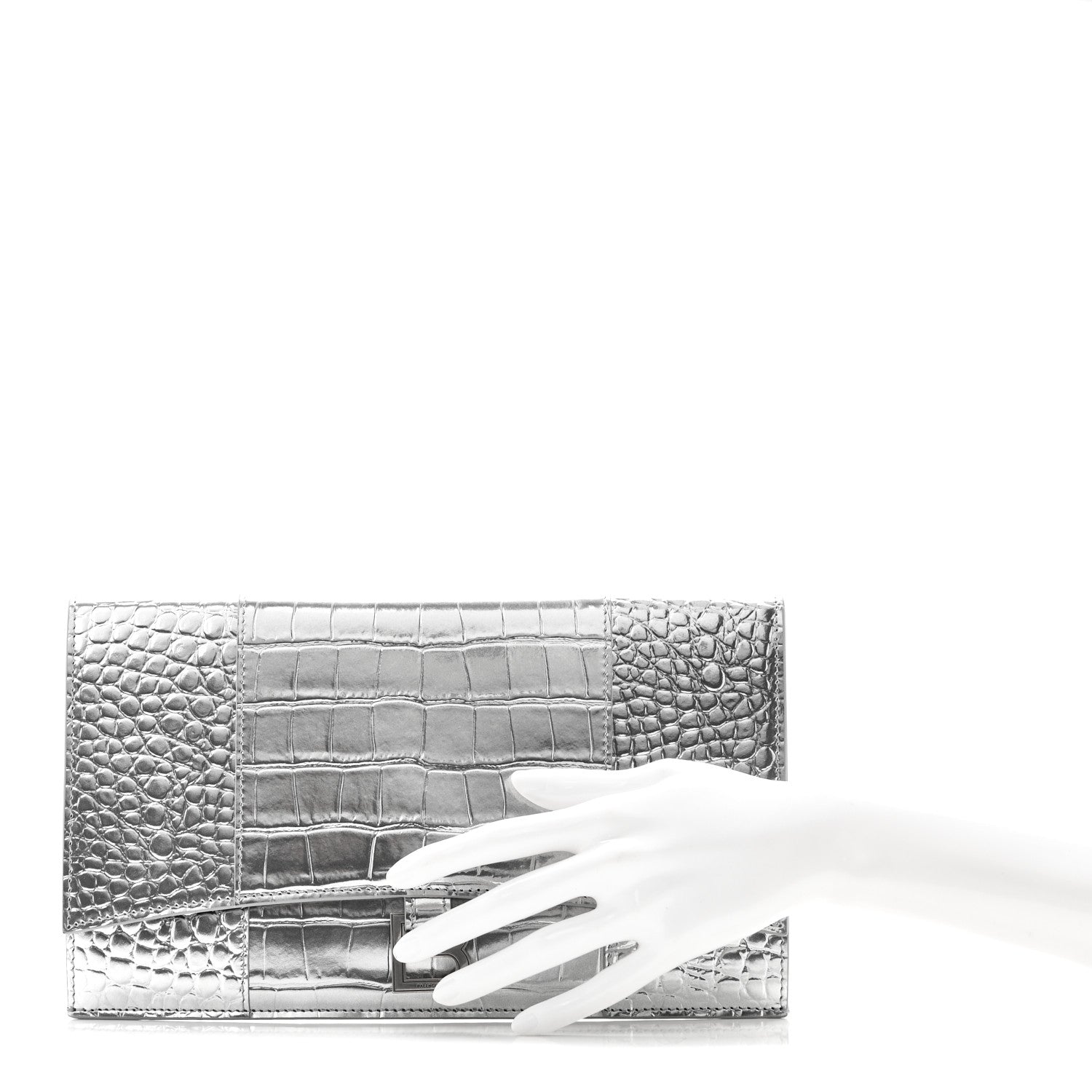 Balenciaga Metallic Calfskin Crocodile Embossed Hourglass Flap Flat Pouch Silver 2 of 10