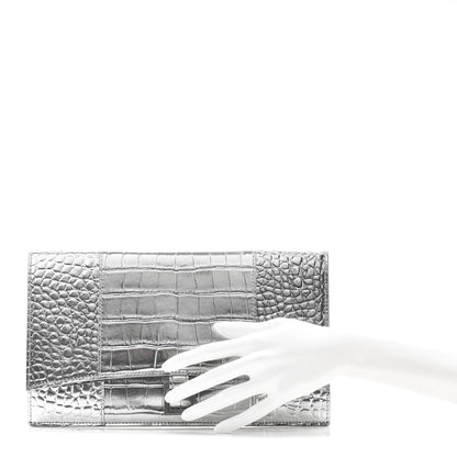 Balenciaga Metallic Calfskin Crocodile Embossed Hourglass Flap Flat Pouch Silver 2 of 10