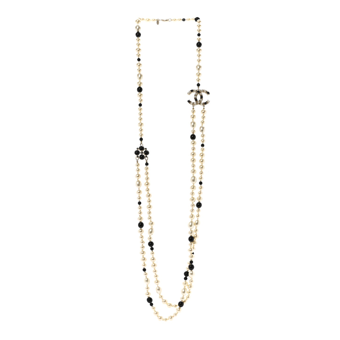 Pearl Resin Crystal CC Long Necklace Black Gold