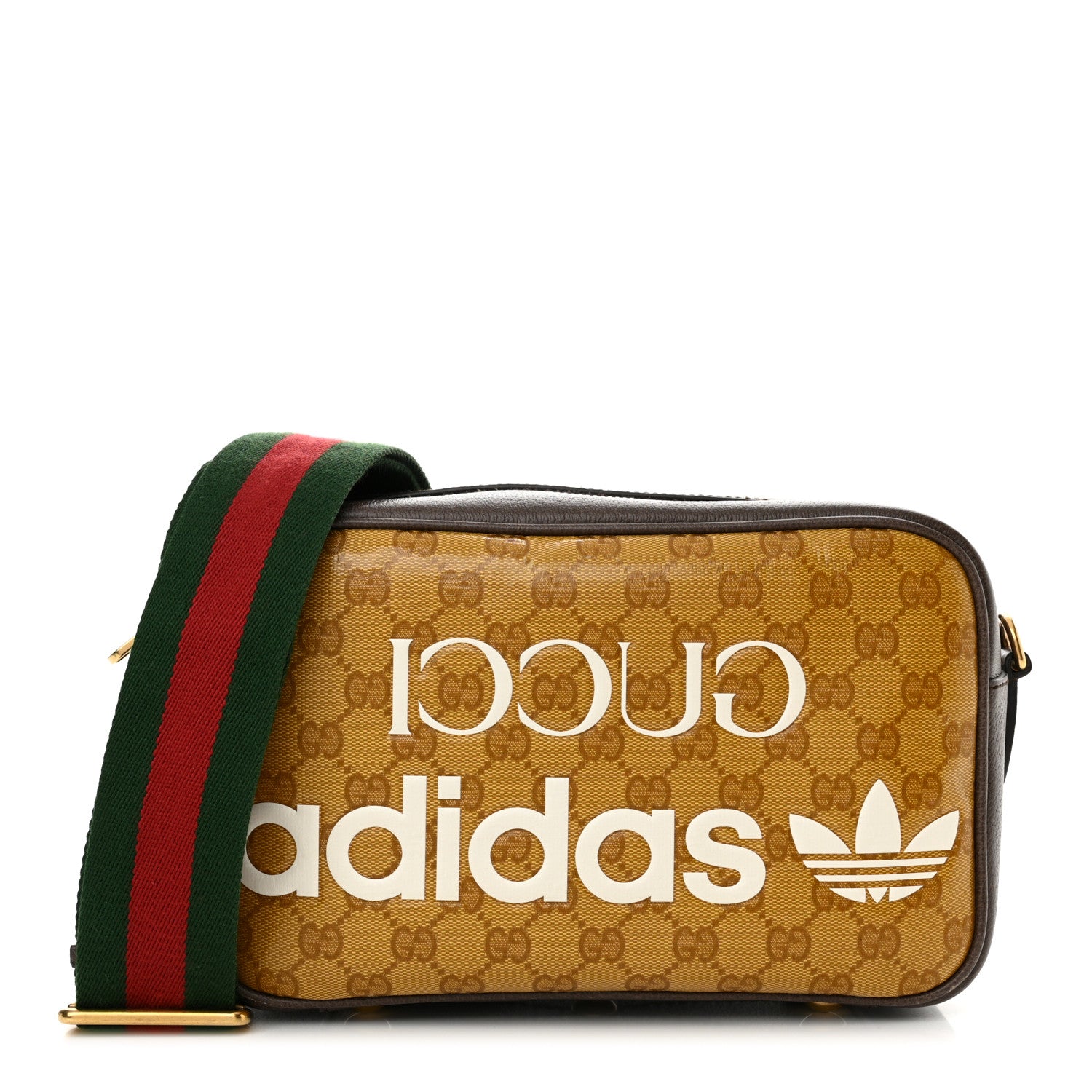 Gucci X ADIDAS Crystal Vintage Monogram Textured Dollar Calfskin Web Trefoil Logo Small Messenger Bag Mid Natural Nut Off White New Acero 1 of 12
