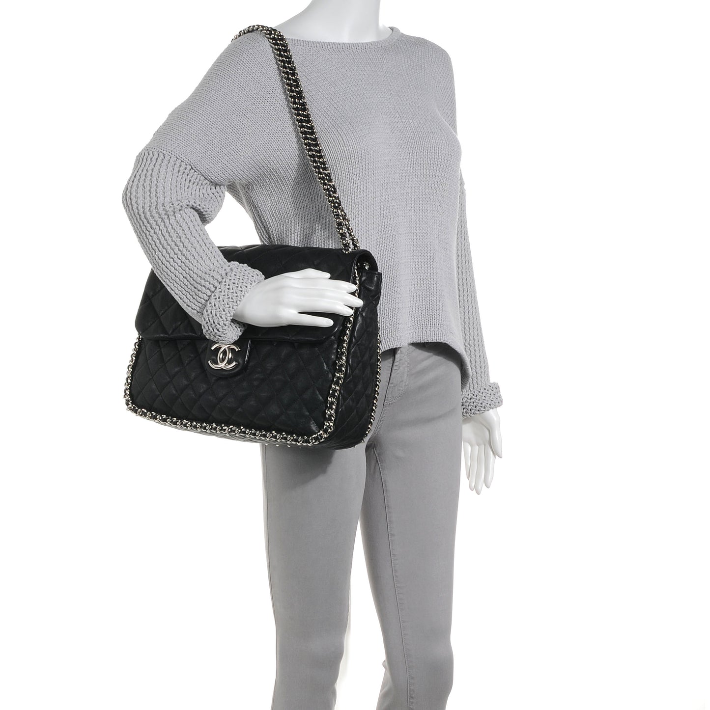 Washed Lambskin Chain Around Maxi Flap Bag Black