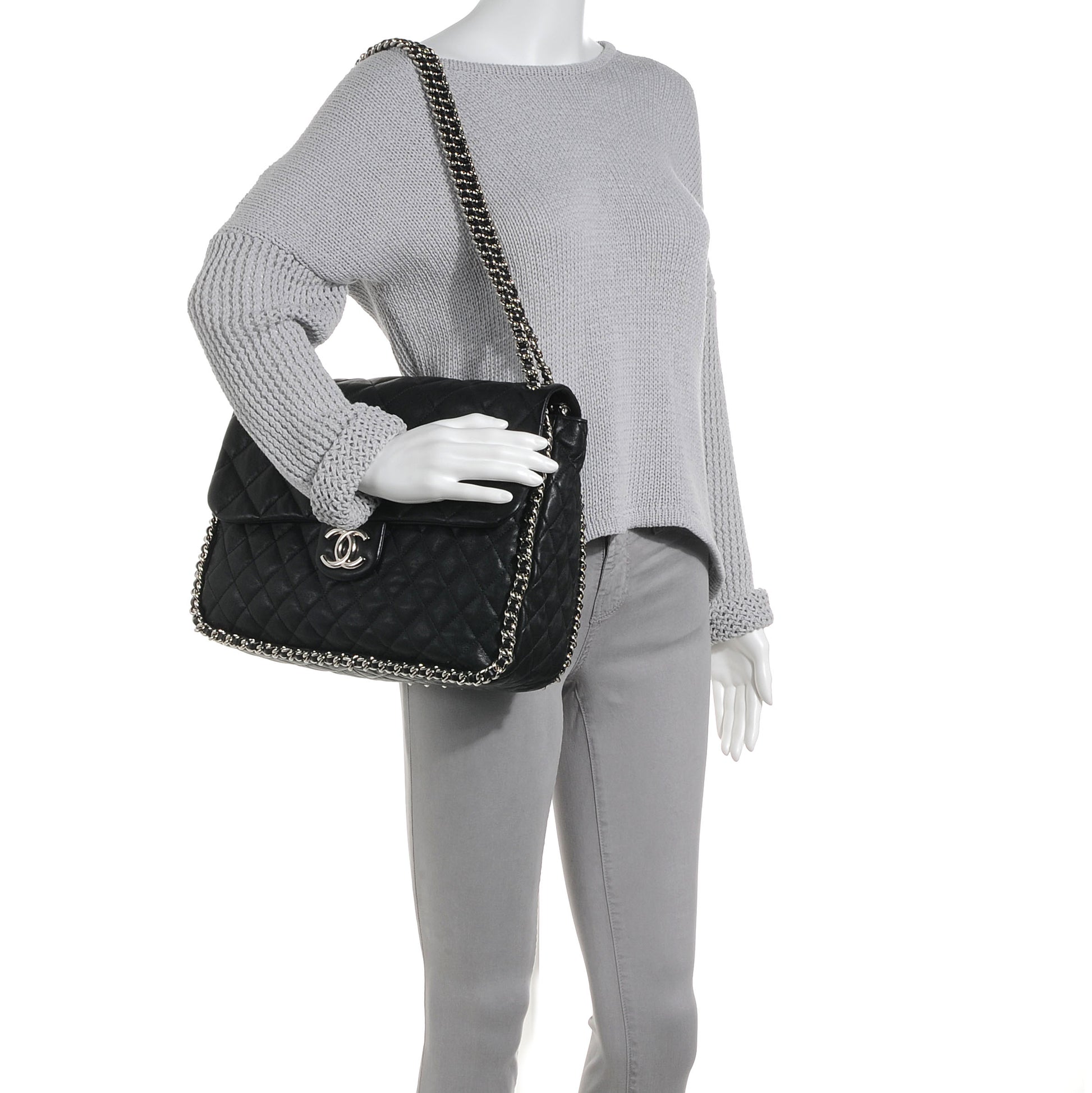 Chanel Washed Lambskin Chain Around Maxi Flap Bag Black 2 of 7