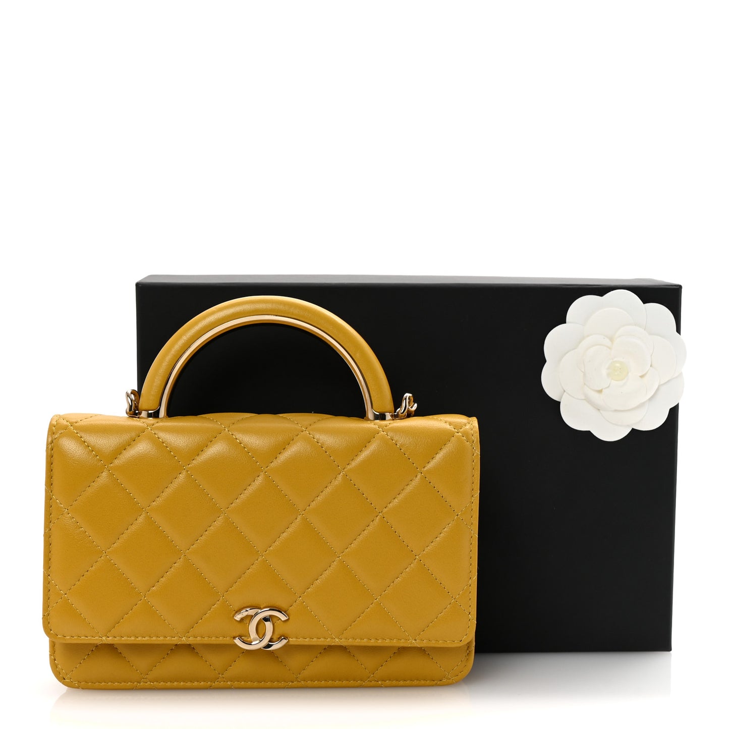 Lambskin Quilted Top Handle Wallet On Chain WOC Yellow