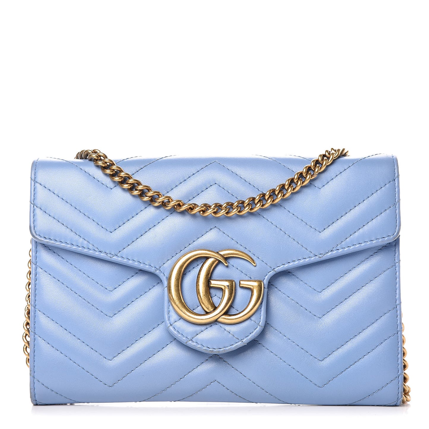 Calfskin Matelasse Mini GG Marmont Chain Wallet Clear Sky Blue
