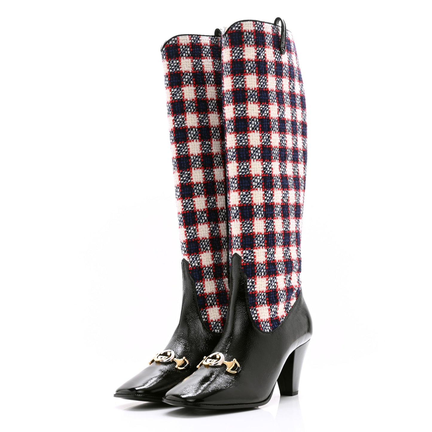Tweed Naplack Check Zumi Knee Boots 40 White Hibiscus Red Maritime Black