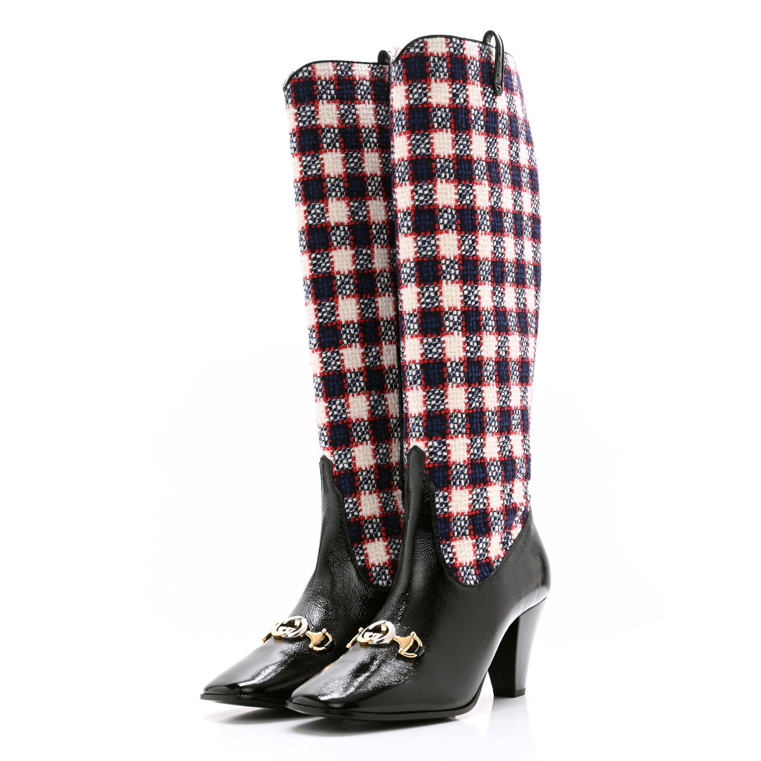 Gucci Tweed Naplack Check Zumi Knee Boots 40 White Hibiscus Red Maritime Black 3 of 8
