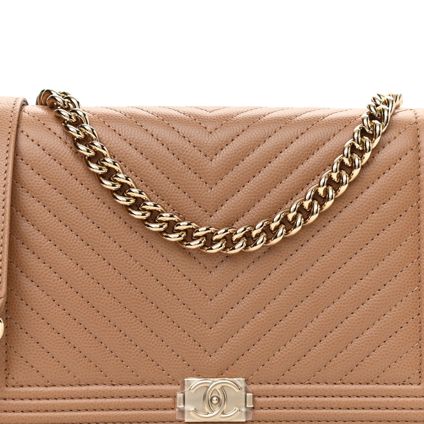 Caviar Chevron Quilted Boy Wallet On Chain WOC Dark Beige