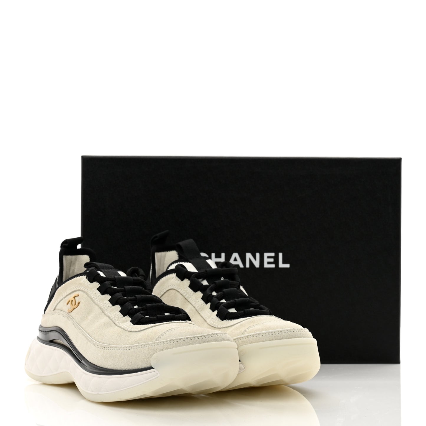 Suede Calfskin Nylon Grosgrain CC Sneakers 37.5 Beige Black