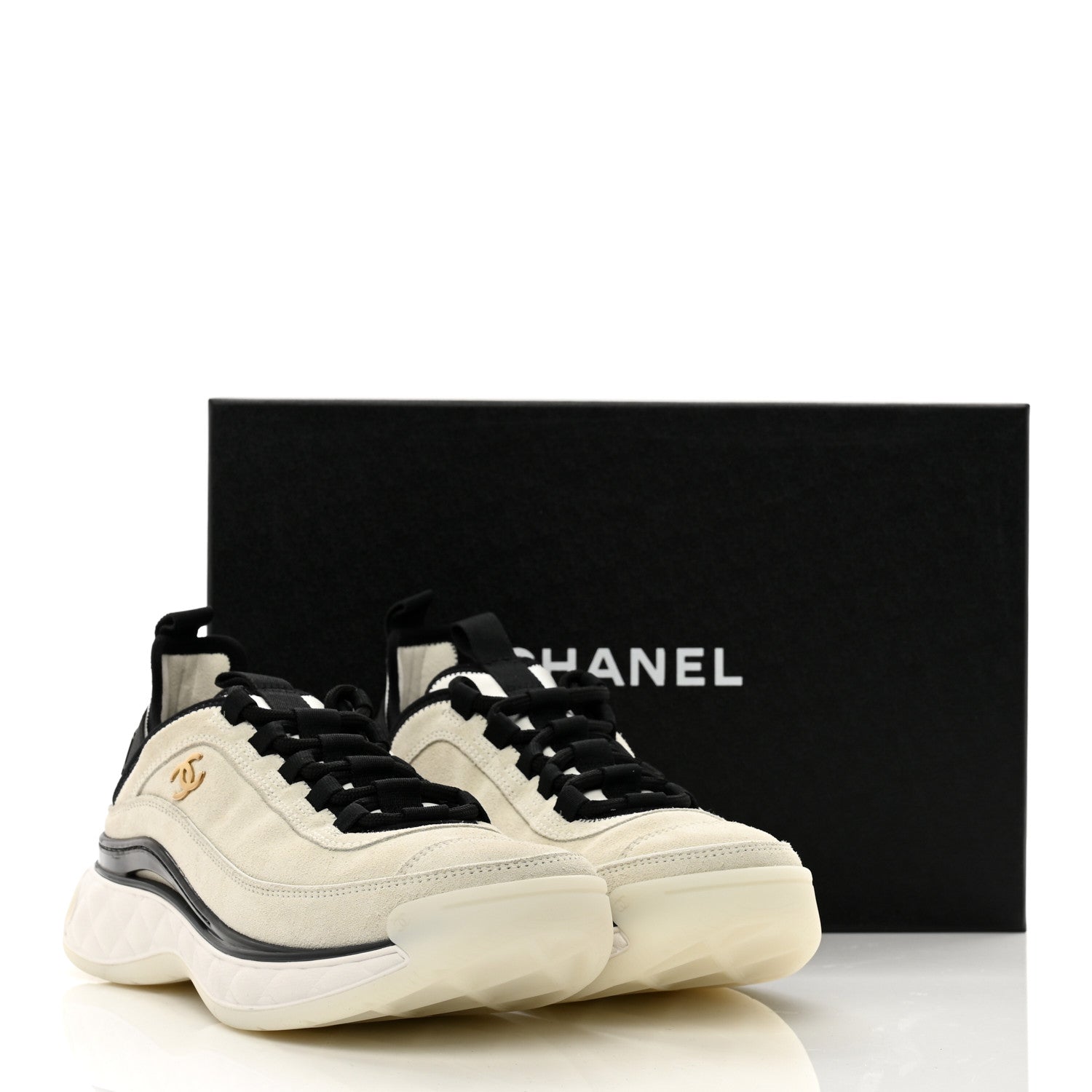Chanel Suede Calfskin Nylon Grosgrain CC Sneakers 37.5 Beige Black 9 of 9