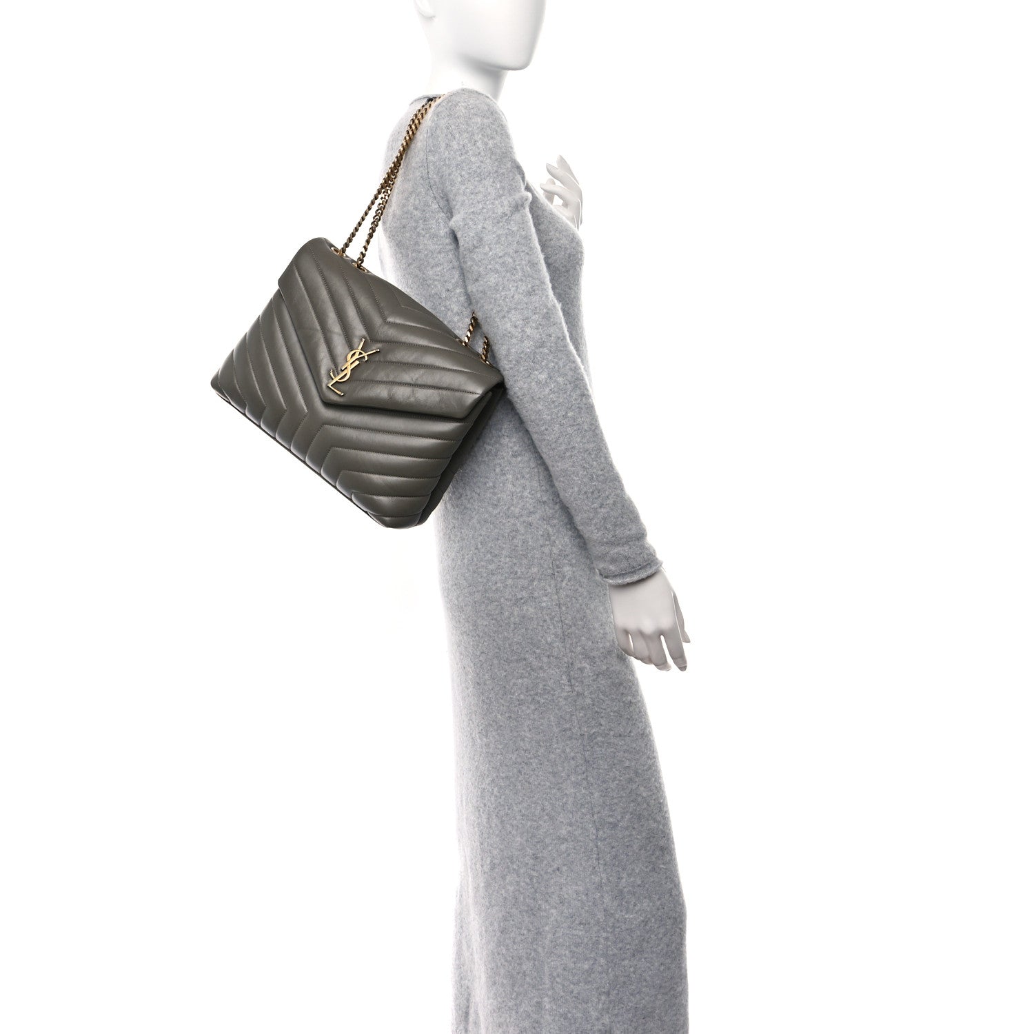 Saint Laurent Calfskin Y Quilted Monogram Medium Loulou Chain Satchel Grey Kaki 2 of 9