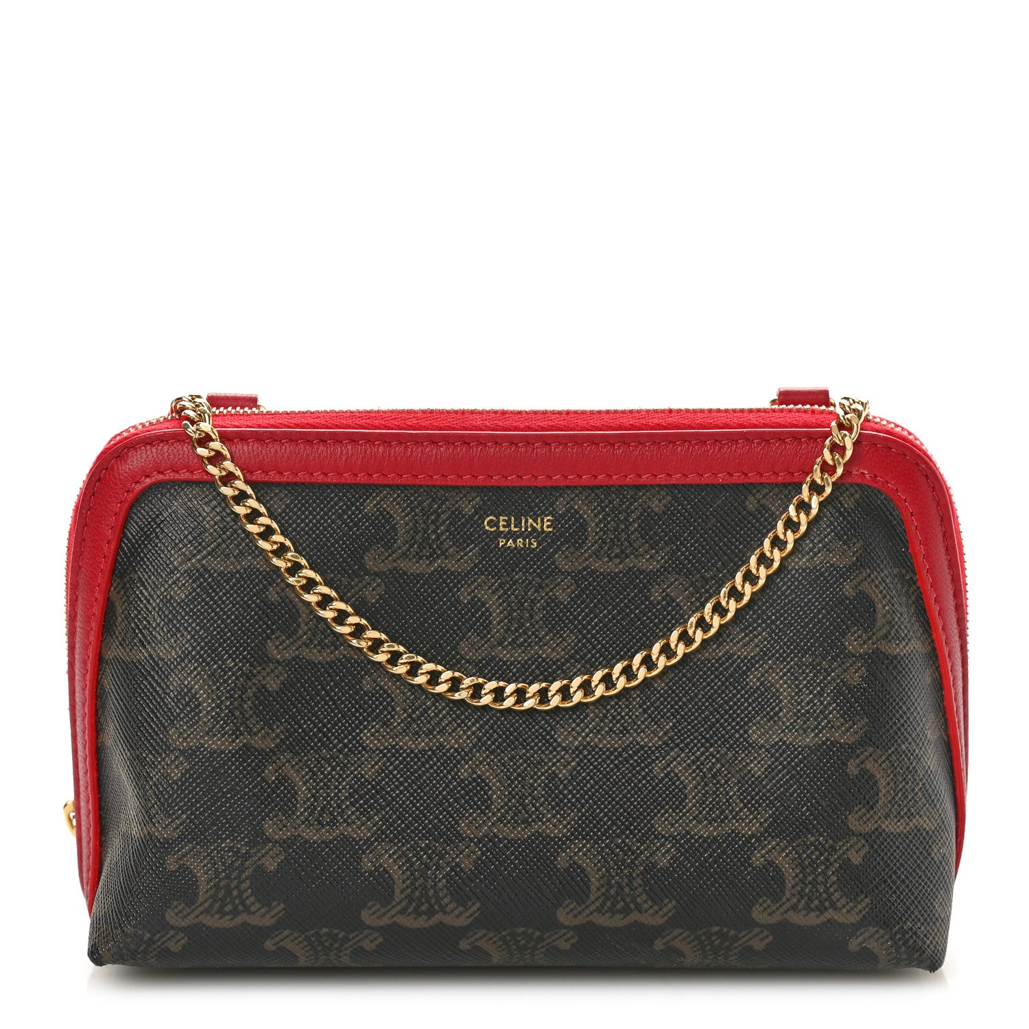 Celine Lambskin Triomphe Canvas Clutch With Chain Red 1 of 10