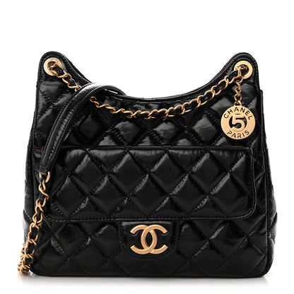 Chanel Shiny Crumpled Calfskin Quilted Wavy CC Hobo Black 1 of 10
