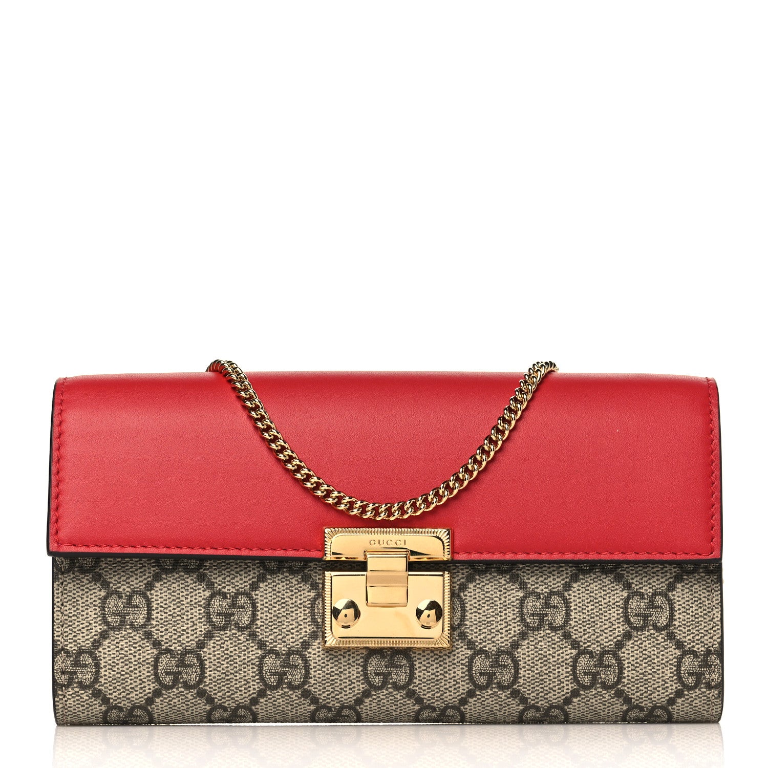 Gucci GG Supreme Monogram Moon Calfskin Padlock Continental Chain Wallet Beige Ebony Hibiscus Red New Rosette 1 of 10