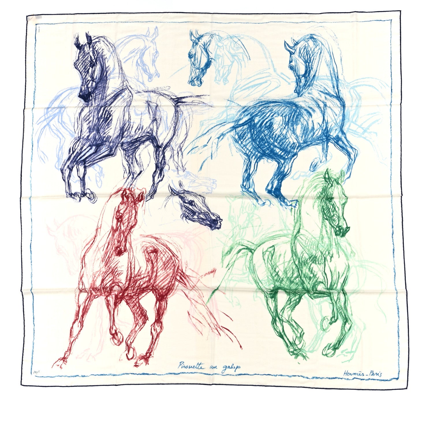 Hermes Cashmere Silk Pirouette au Galop Shawl 140 Blac Bleu Vert 1 of 3