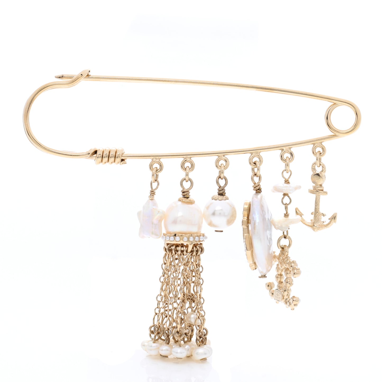 Pearl Crystal CC Charms Safety Pin Brooch Gold