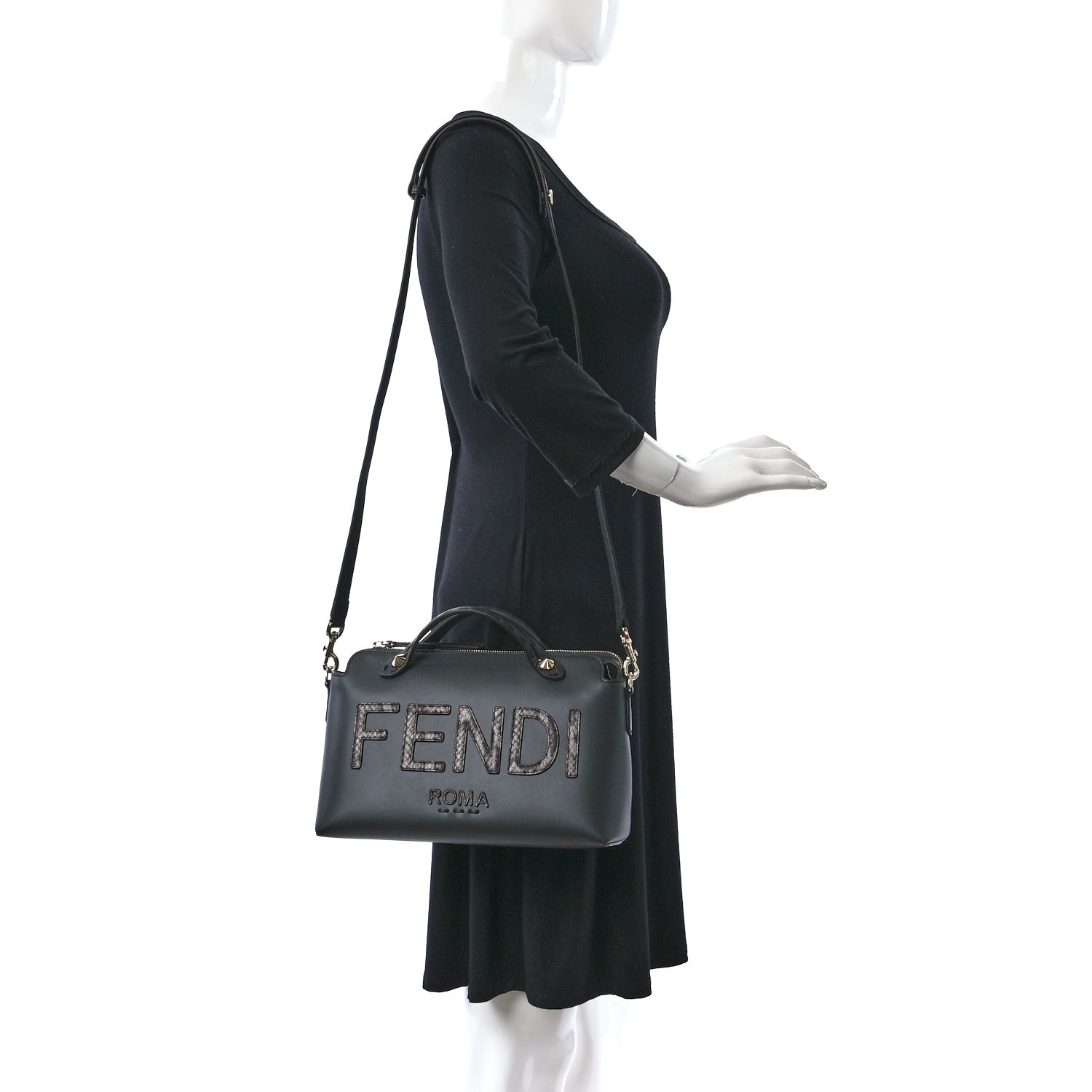 Fendi Vitello King Elaphe Python Print Logo Medium By The Way Boston Bag Dark Asphalt 2 of 9