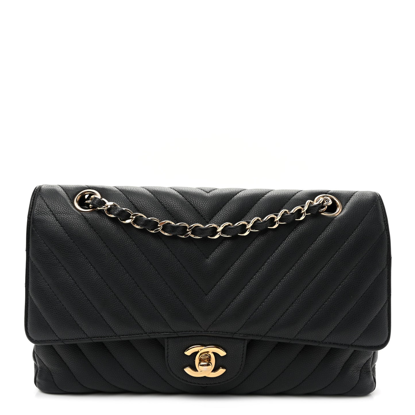 Matte Caviar Chevron Quilted Medium Double Flap Black
