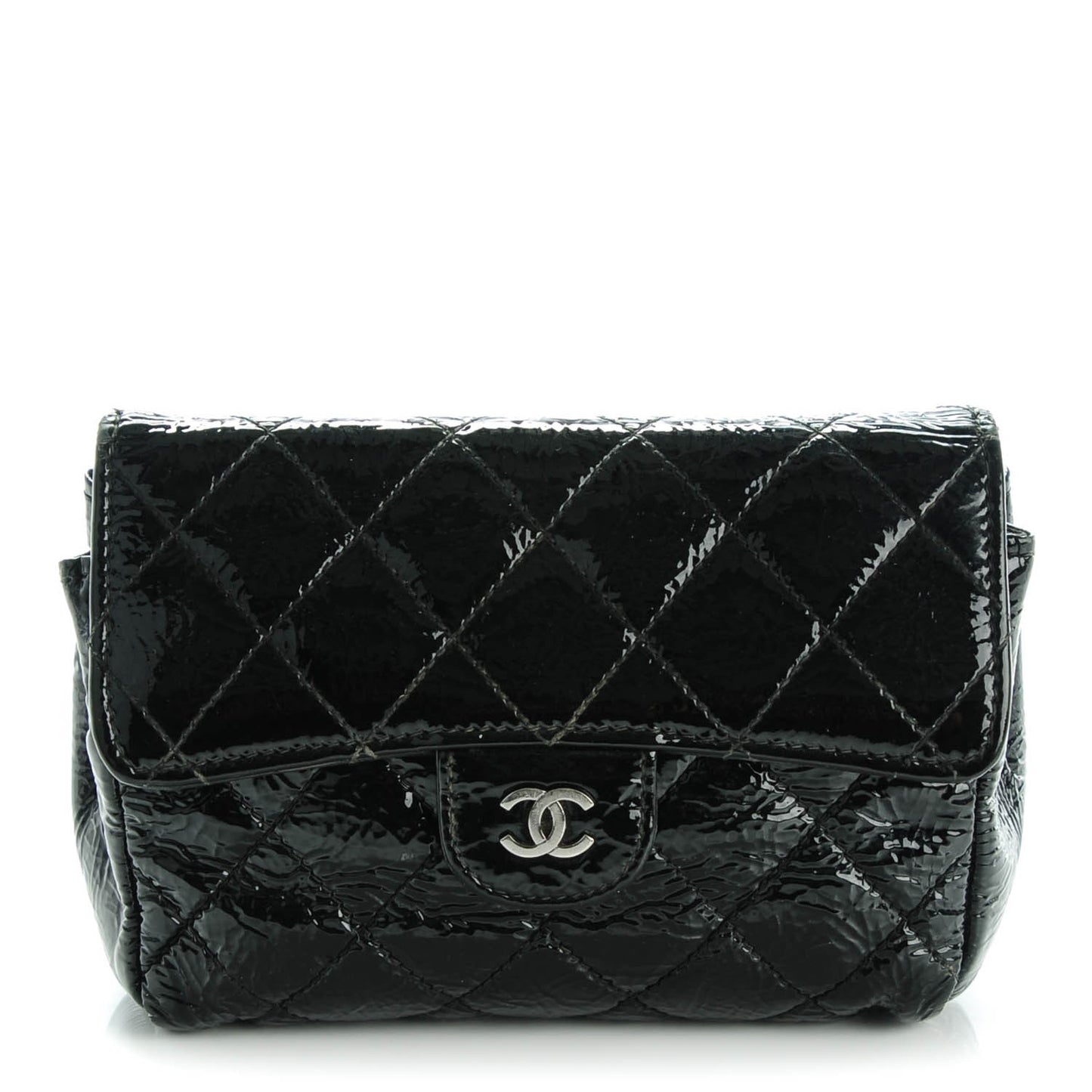 Distressed Patent Quilted Flap Cosmetic Case Black