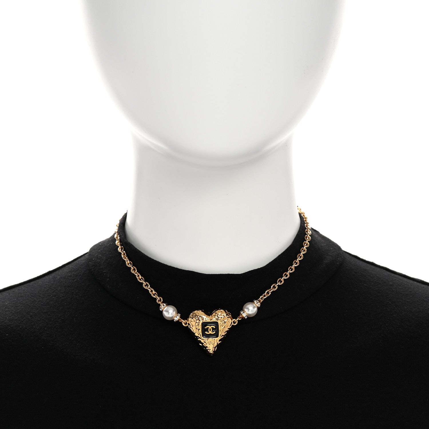 Chanel Resin Crystal Pearl Chain Heart CC Pendant Choker Necklace Black White Gold 2 of 6