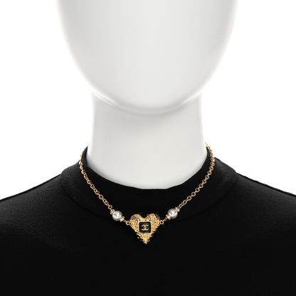 Chanel Resin Crystal Pearl Chain Heart CC Pendant Choker Necklace Black White Gold 2 of 6
