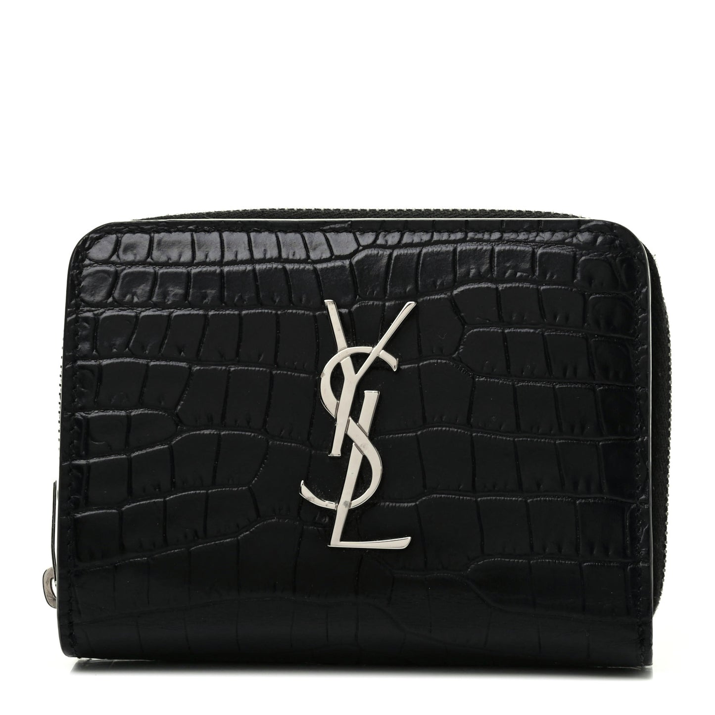 Calfskin Crocodile Embossed Monogram Compact Wallet Black