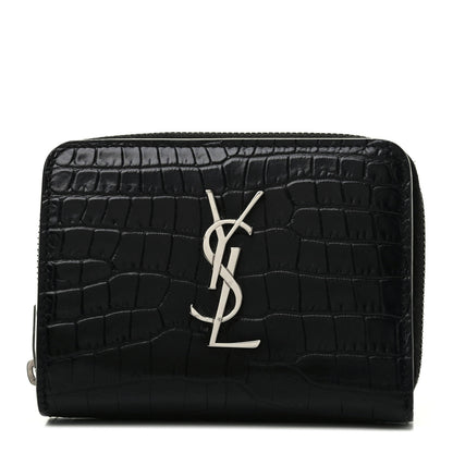 Saint Laurent Calfskin Crocodile Embossed Monogram Compact Wallet Black 1 of 10