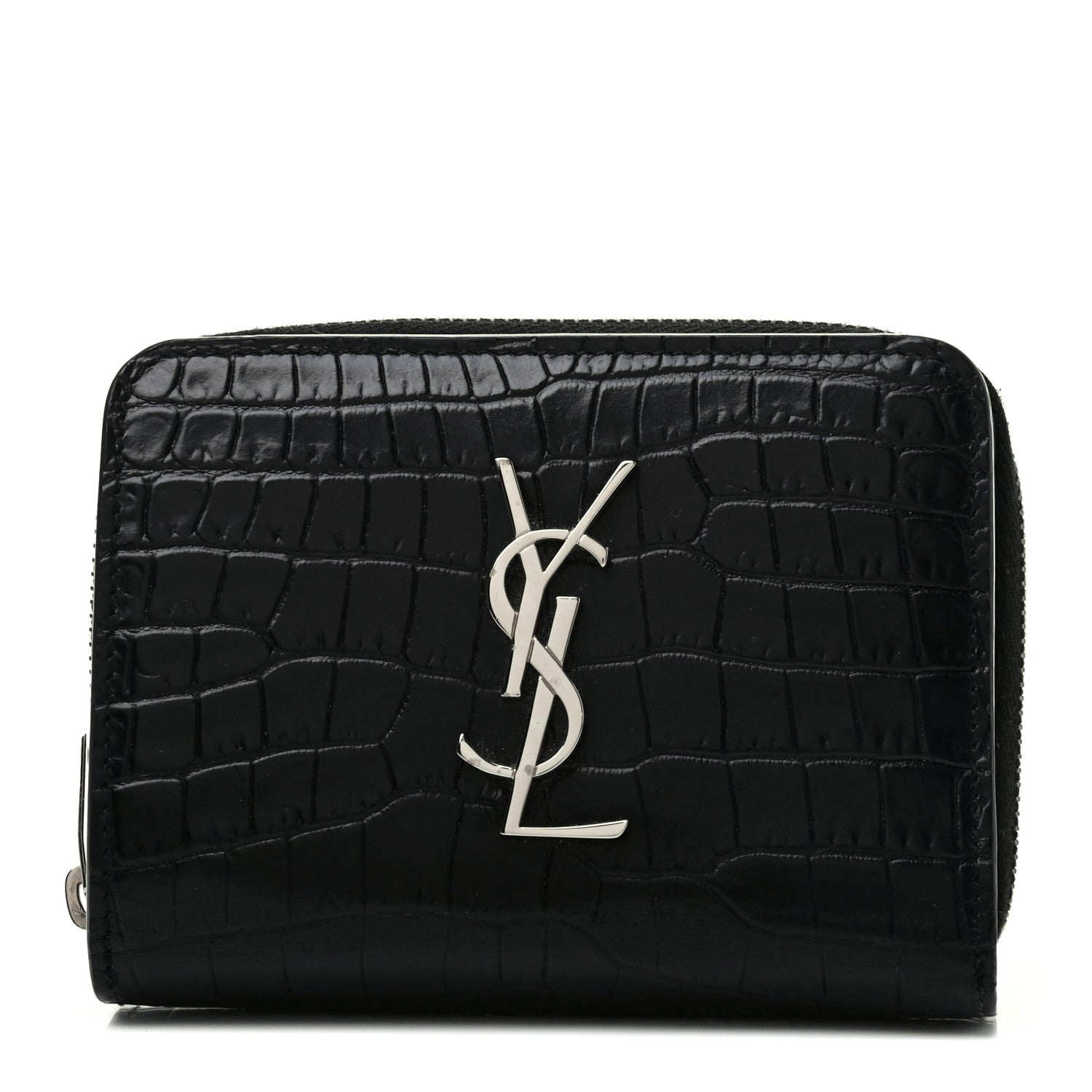 Saint Laurent Calfskin Crocodile Embossed Monogram Compact Wallet Black 1 of 10